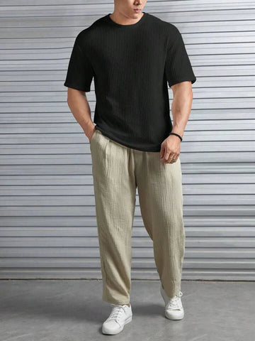 OVERSIZED WAFFLE KNIT TEE FOR MEN - BLACK