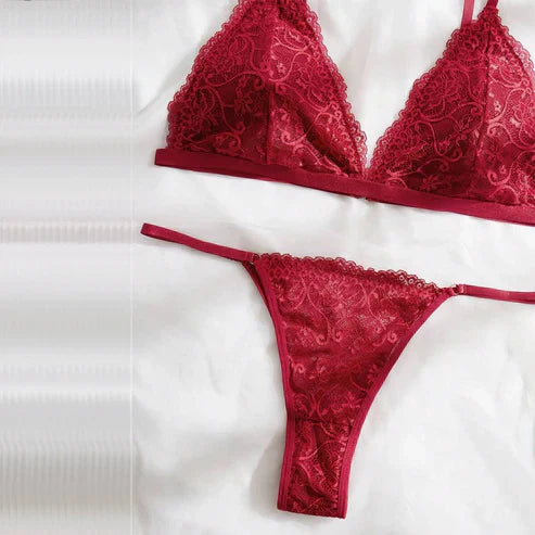 Super Maroon Floral Embroidered Non Padded Bra and Panty Set