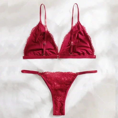 Super Maroon Floral Embroidered Non Padded Bra and Panty Set