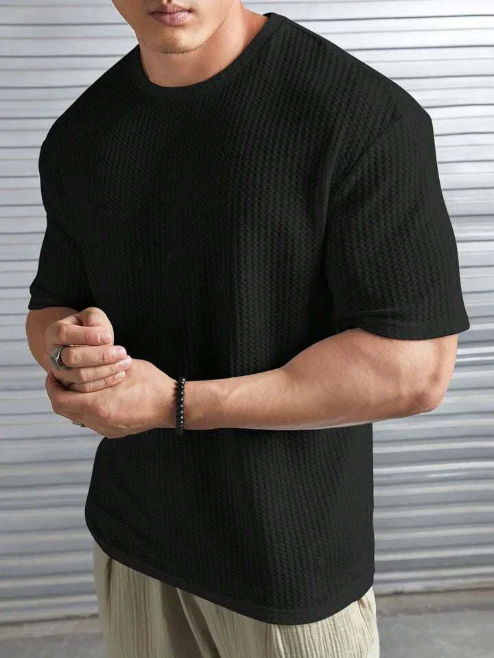 OVERSIZED WAFFLE KNIT TEE FOR MEN - BLACK