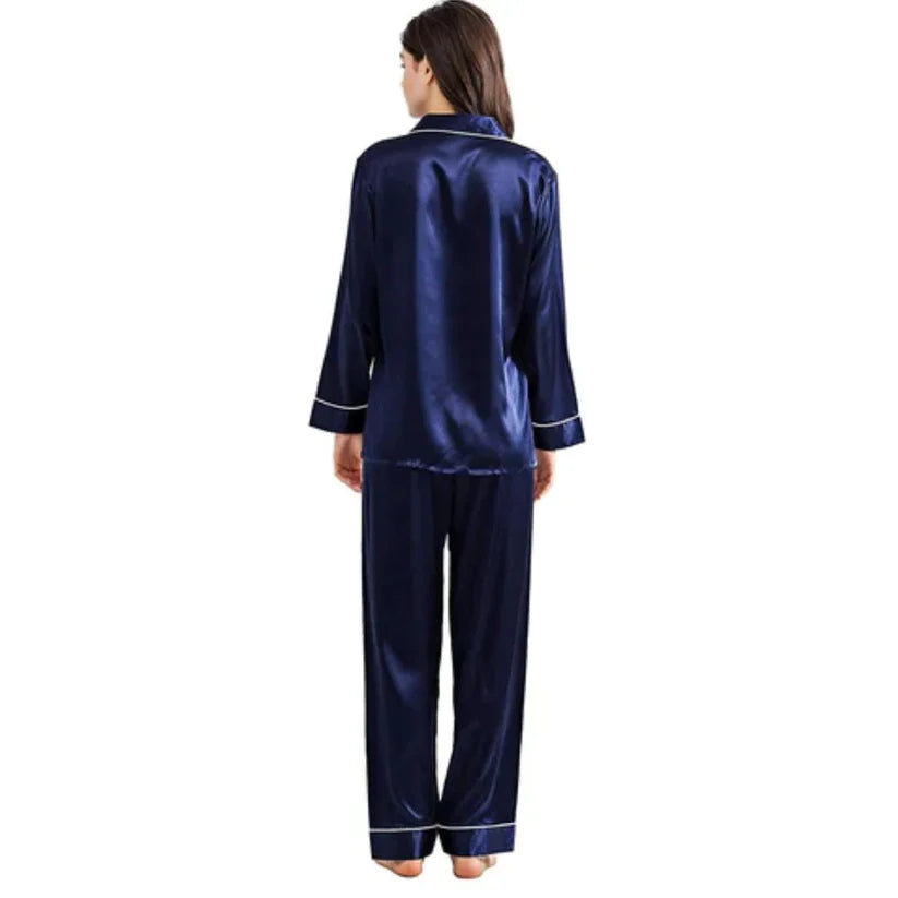 PLAIN SILK NIGHT SUIT - NAVY BLUE