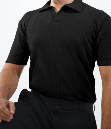 WAFFLE KNIT POLO T-SHIRT For Men - BLACK