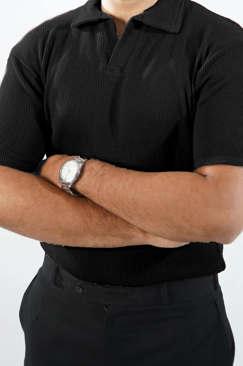 WAFFLE KNIT POLO T-SHIRT For Men - BLACK