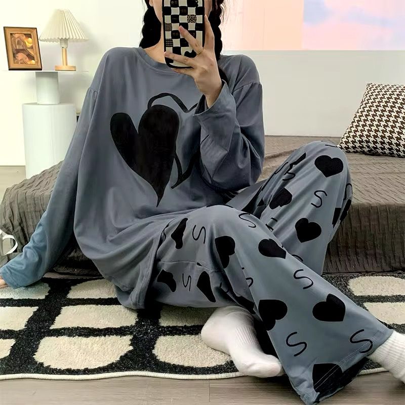 DOUBLE HEART PRINTER CHARCOAL - FULL SLEEVES PJ SUIT FOR WOMEN