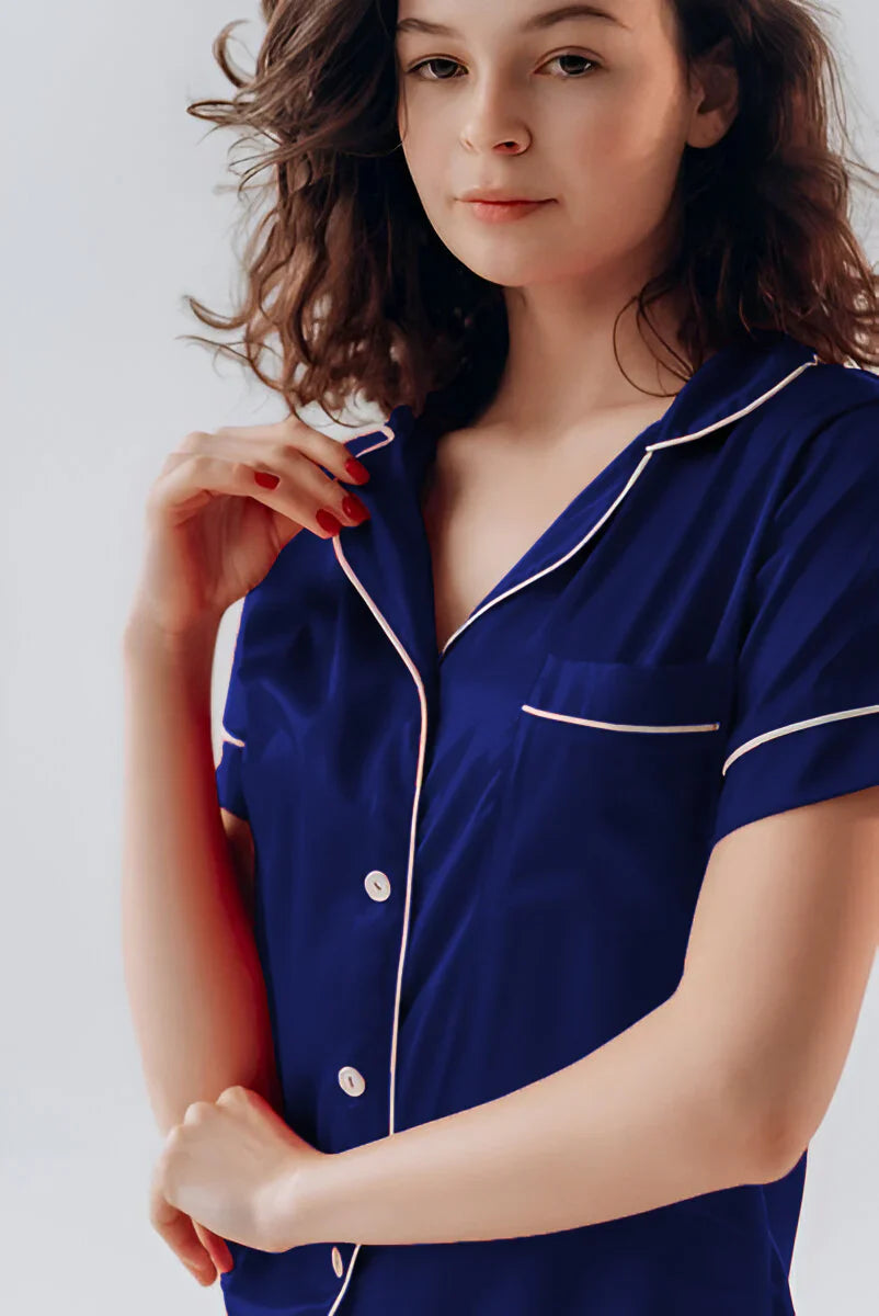 BUTTON DOWN SILK WITH SHORT - NAVY BLUE