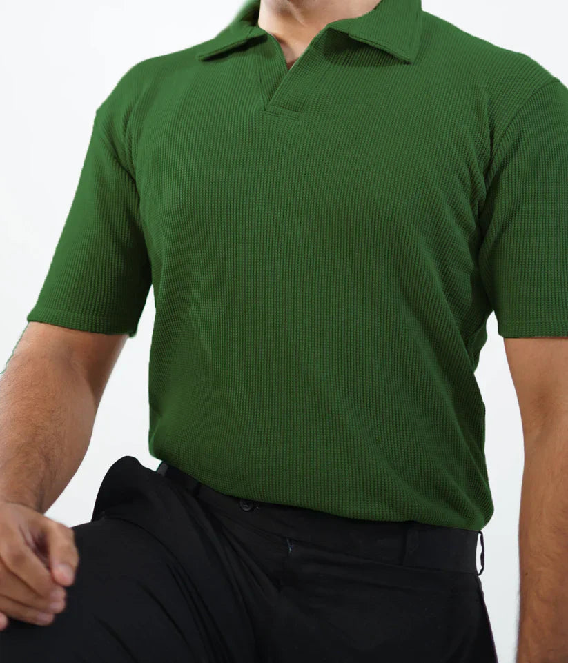 WAFFLE KNIT POLO T-SHIRT For Men - OLIVE