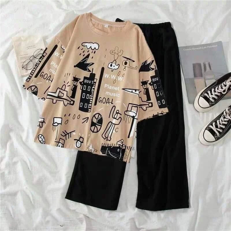 PLANET PRINTED BROWN - PJ SUIT FOR WOMEN