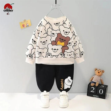 White & Brown BEAR Printed SweatShirt And Trouser For KIDS