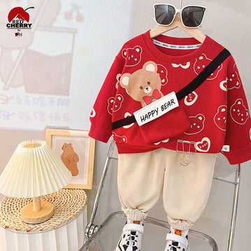 Red Happy Bear Printed SweatShirt And Trouser For KIDS