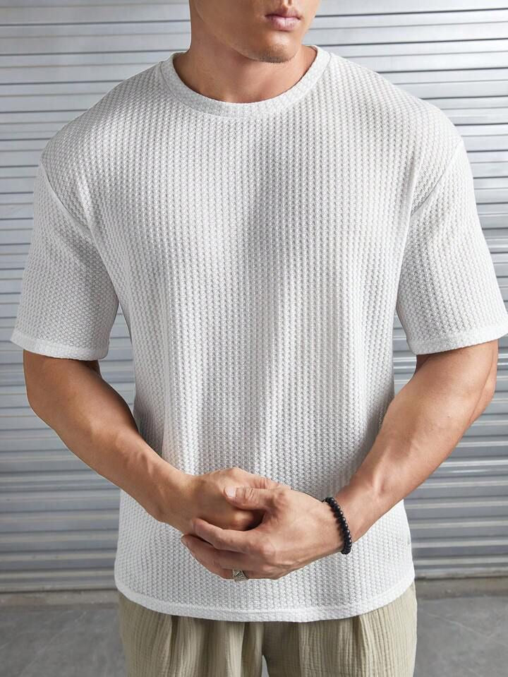 OVERSIZED WAFFLE KNIT TEE FOR MEN - WHITE