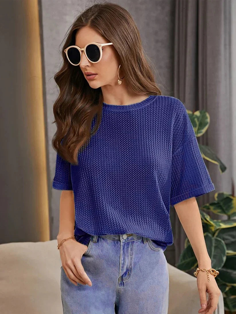 OVERSIZED WAFFLE KNIT TEE FOR WOMEN - NAVY BLUE