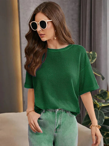 OVERSIZED WAFFLE KNIT TEE FOR WOMEN - GREEN