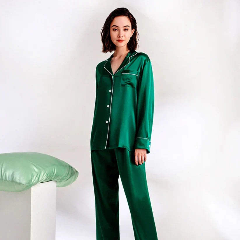 PLAIN SILK NIGHT SUIT - DARK GREEN